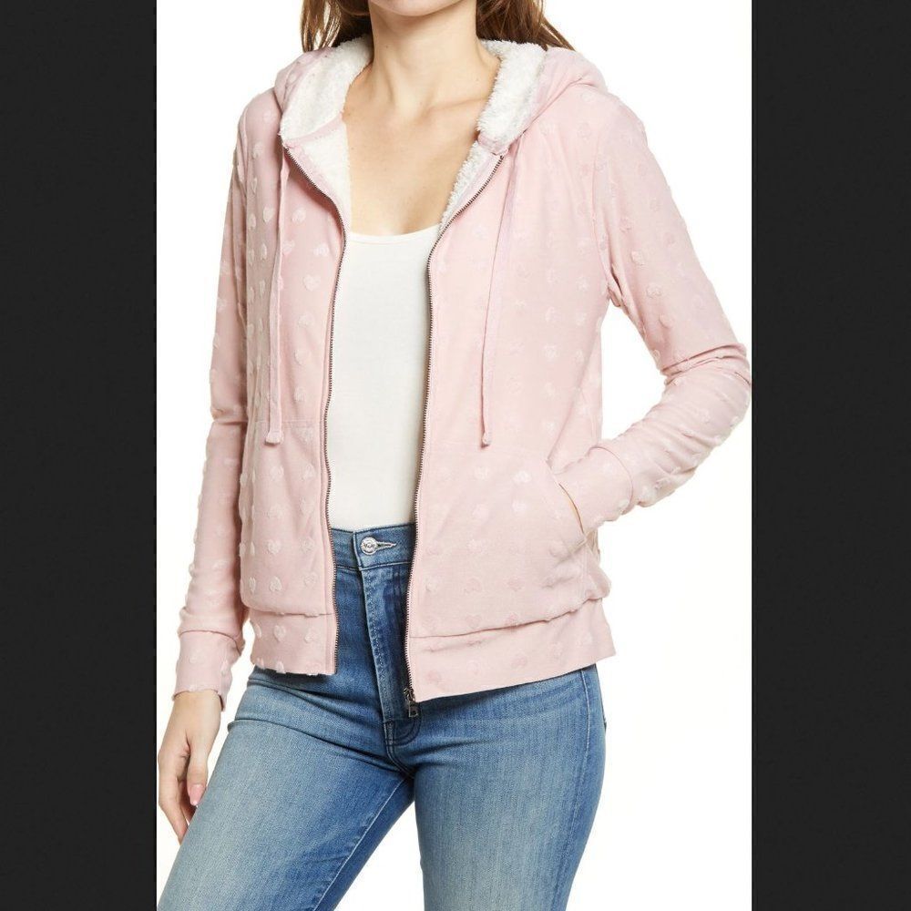 Bobeau Pink Heart Flocked‎ Zip Hoodie